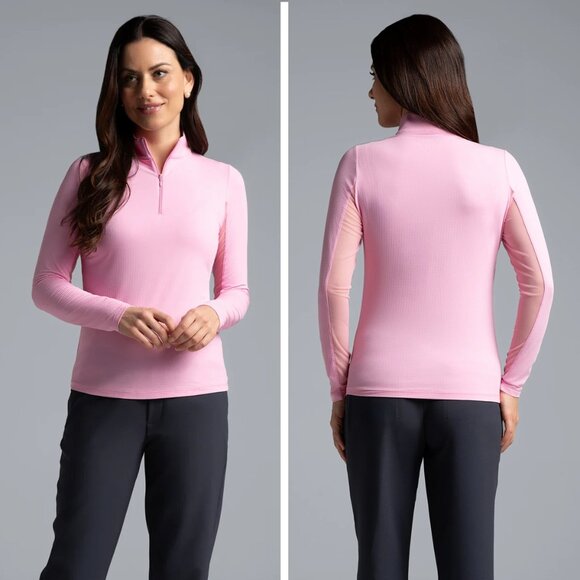 IBKUL Solid Long Sleeve Mock Neck Top Size XS Candy Pink Mesh Athleisure 1/4 Zip - Picture 1 of 12